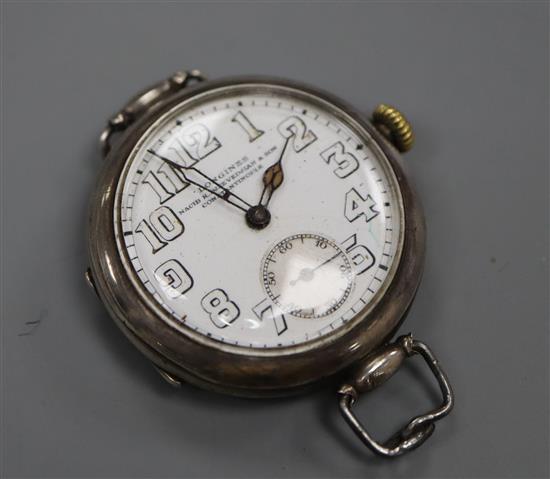 An early 20th century 800 white metal Longines trench style manual wind wrist watch